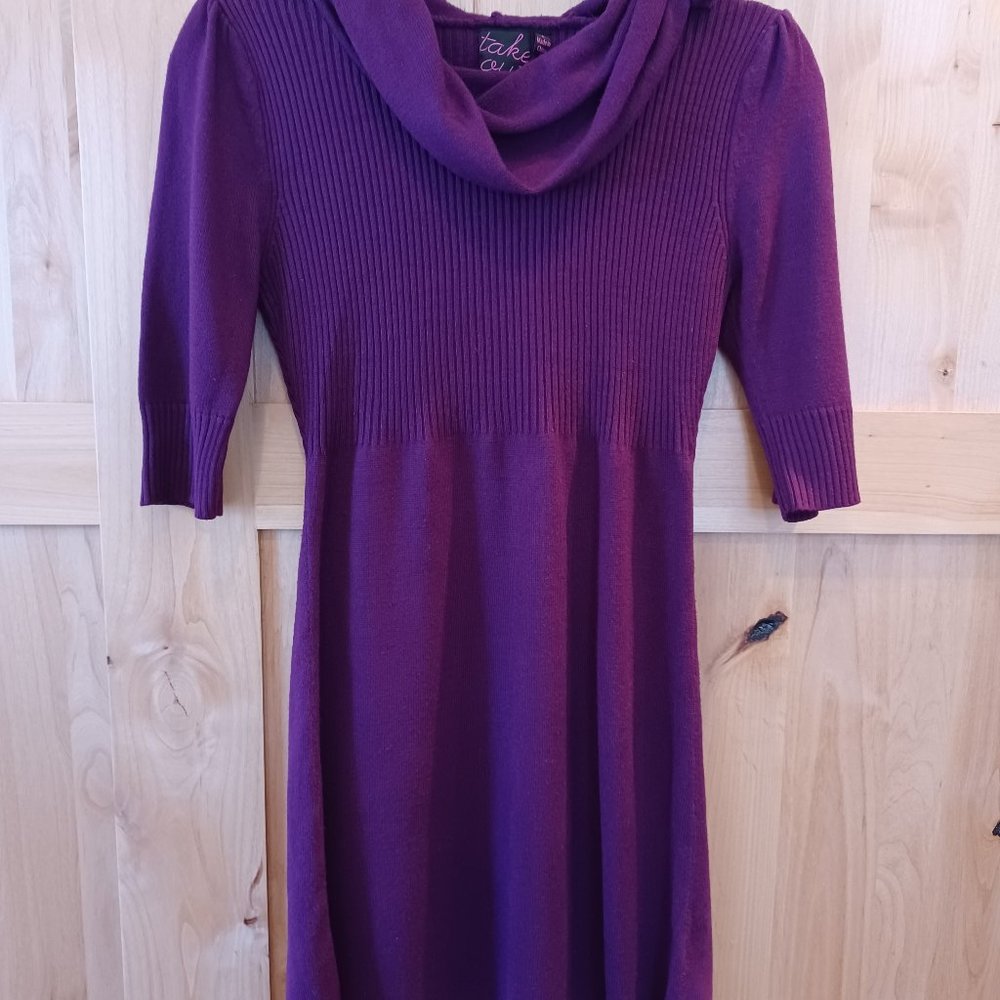 Purple knitted mini dress oversize cowl neck with button down detail